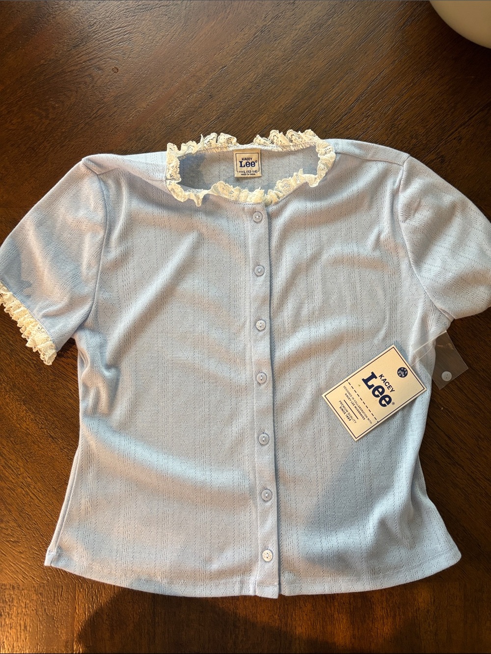 Lee Light Blue Button-Front Top with Cream Lace Trim
